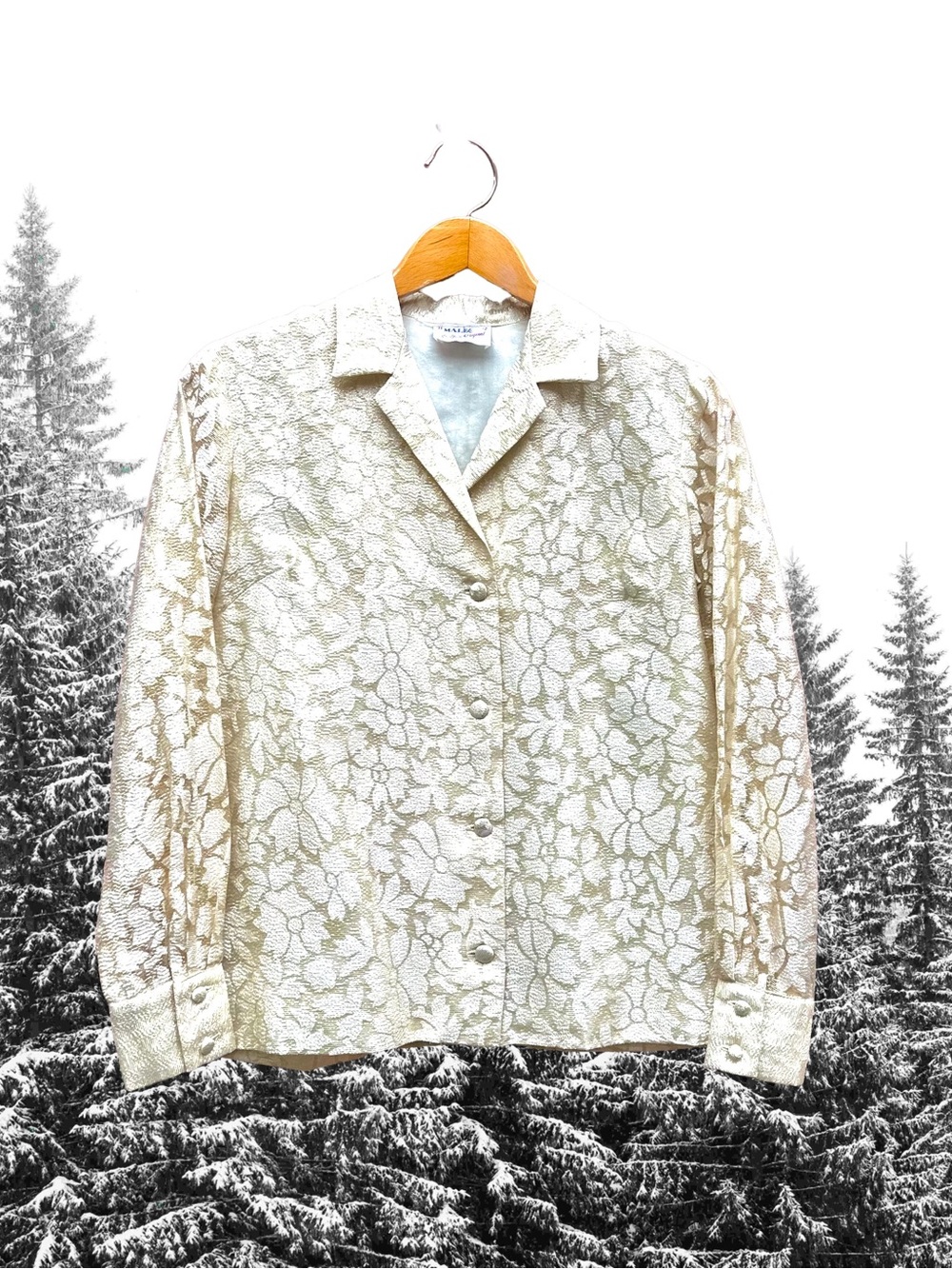Vintage Malbe Original Lace Blouse Cream Gold  Metallic Accent Sz 11 12 RN 10609